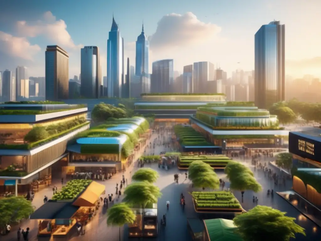 Mercado próspero en ciudad emergente Inversiones sostenibles en mercados emergentes: Ciudad vibrante y próspera con edificios modernos, transporte eléctrico y naturaleza integrada