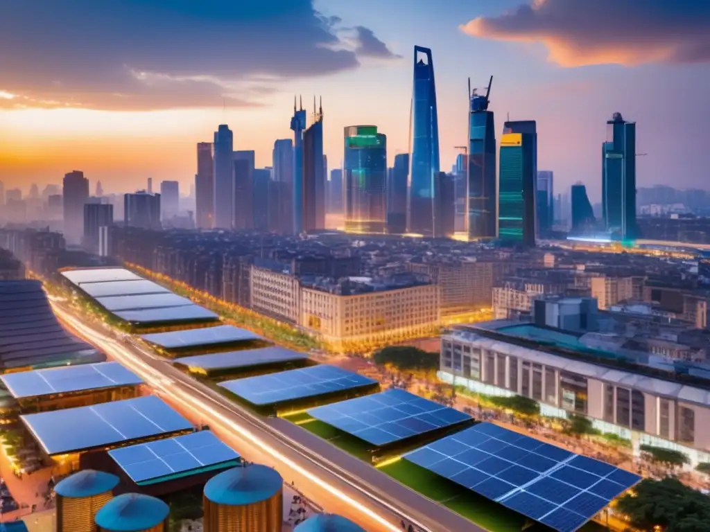 Ciudad sostenible: energía renovable y transporte eficiente Inversiones sostenibles en mercados emergentes: ciudad vibrante, con rascacielos modernos, energía renovable, transporte sostenible y desarrollo verde