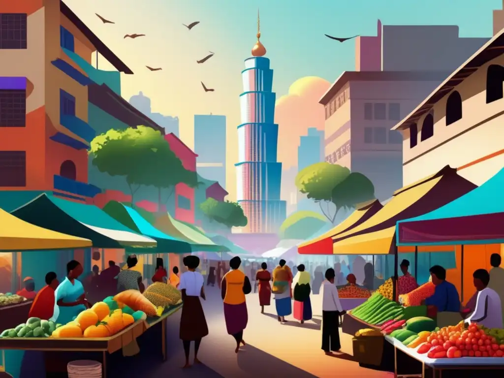 Mercado vibrante con diversidad y energía Inversiones sostenibles en mercados emergentes: Escena vibrante de mercado callejero con frutas frescas, verduras, especias exóticas y energía solar