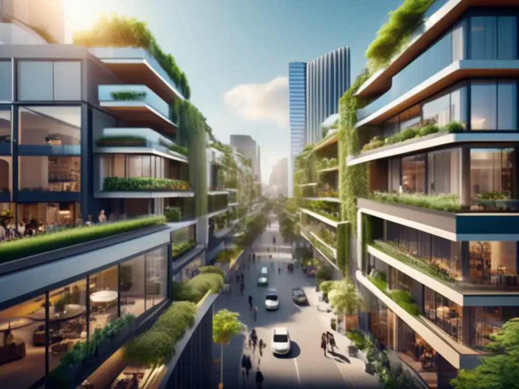 Calle sostenible con moda y negocios Inversiones sostenibles en moda - Calle urbana con boutiques de lujo y empresas de inversión sostenible