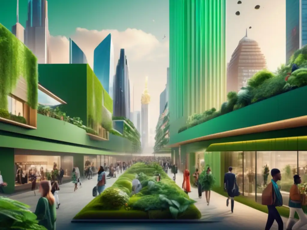 Moda sostenible y desarrollo urbano Inversiones sostenibles en moda: Ciudad moderna con naturaleza ecológica, moda sostenible y arquitectura innovadora