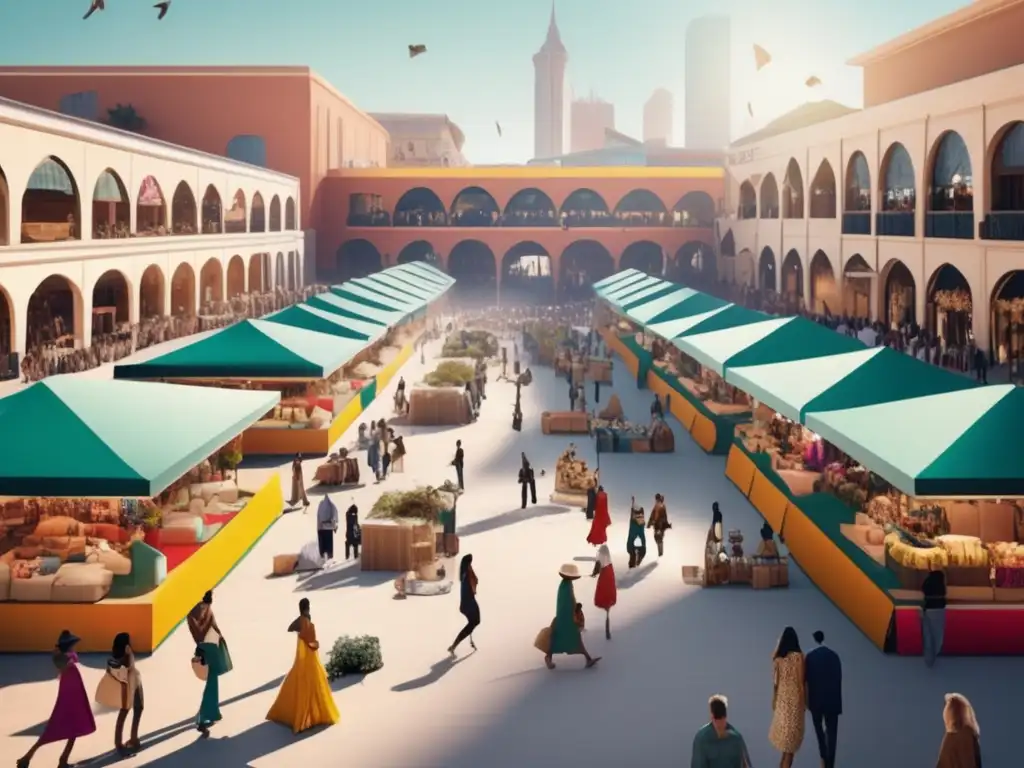 Mercado de moda sostenible vibrante Inversiones sostenibles en moda: Plaza de moda vibrante, con arquitectura moderna y actividades comerciales