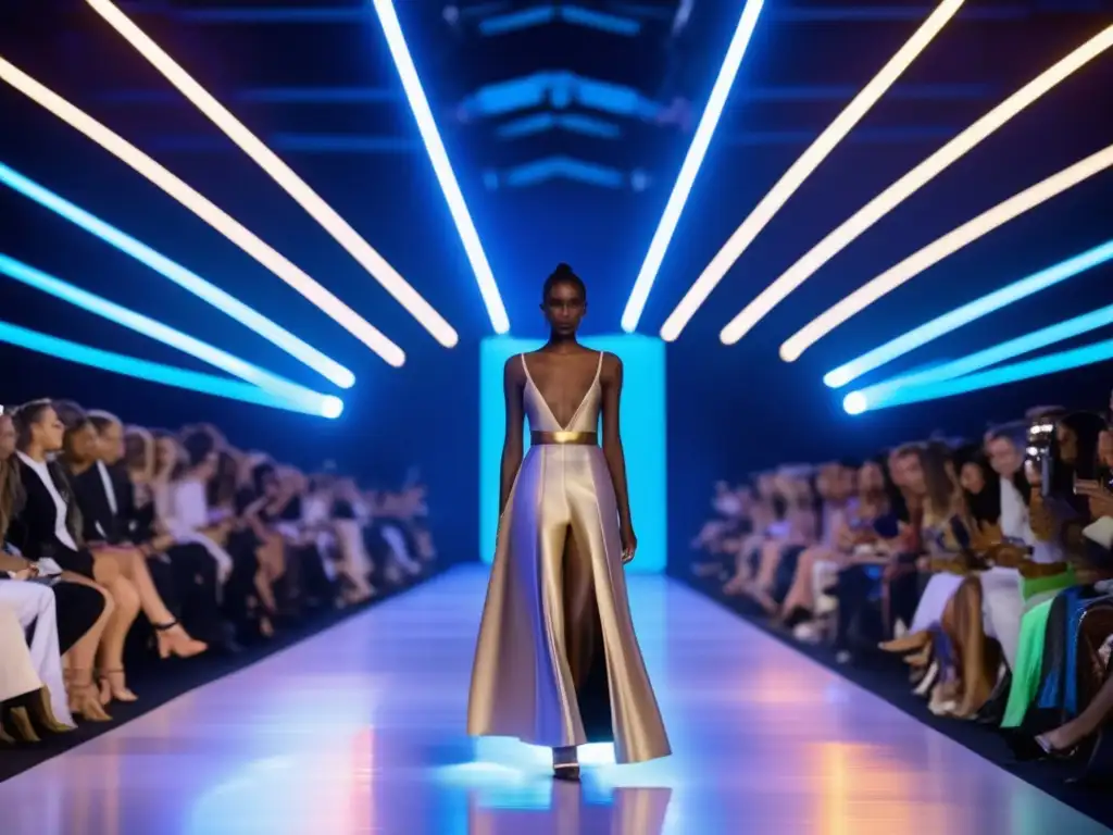 Futuro de la moda sostenible Inversiones sostenibles en moda: Pasarela futurista de moda sostenible con diseños innovadores y público cautivado