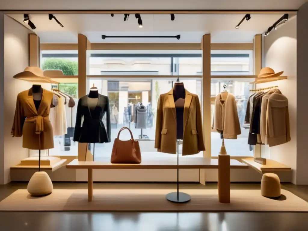 Ventana de tienda de moda sostenible Inversiones sostenibles en moda: tienda con ropa ética y eco-friendly, iluminación natural, logo de marca y clientes interesados