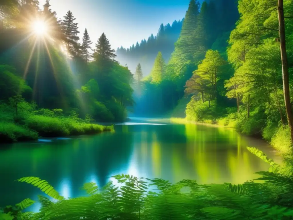 Bosque vibrante y sostenible Inversiones sostenibles para un mundo mejor: bosque verde exuberante, árboles vibrantes, río cristalino y flora colorida