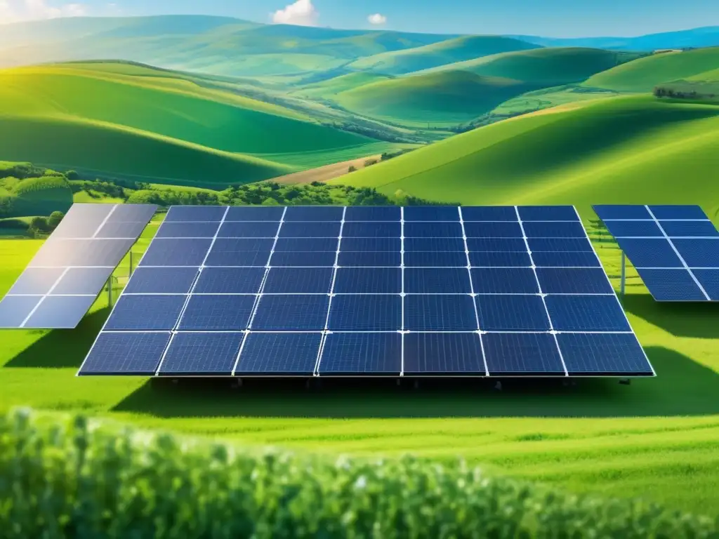 Paisaje verde con paneles solares y molinos eólicos Inversiones sostenibles para un mundo mejor - Paisaje verde con paneles solares, turbinas eólicas y tecnología limpia