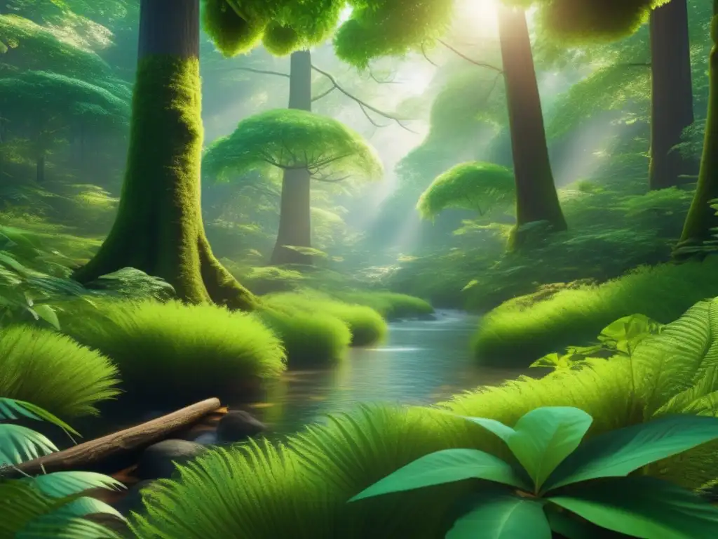 Bosque verde exuberante con río cristalino Inversiones sostenibles para un mundo mejor: Bosque verde exuberante, río cristalino y aves coloridas