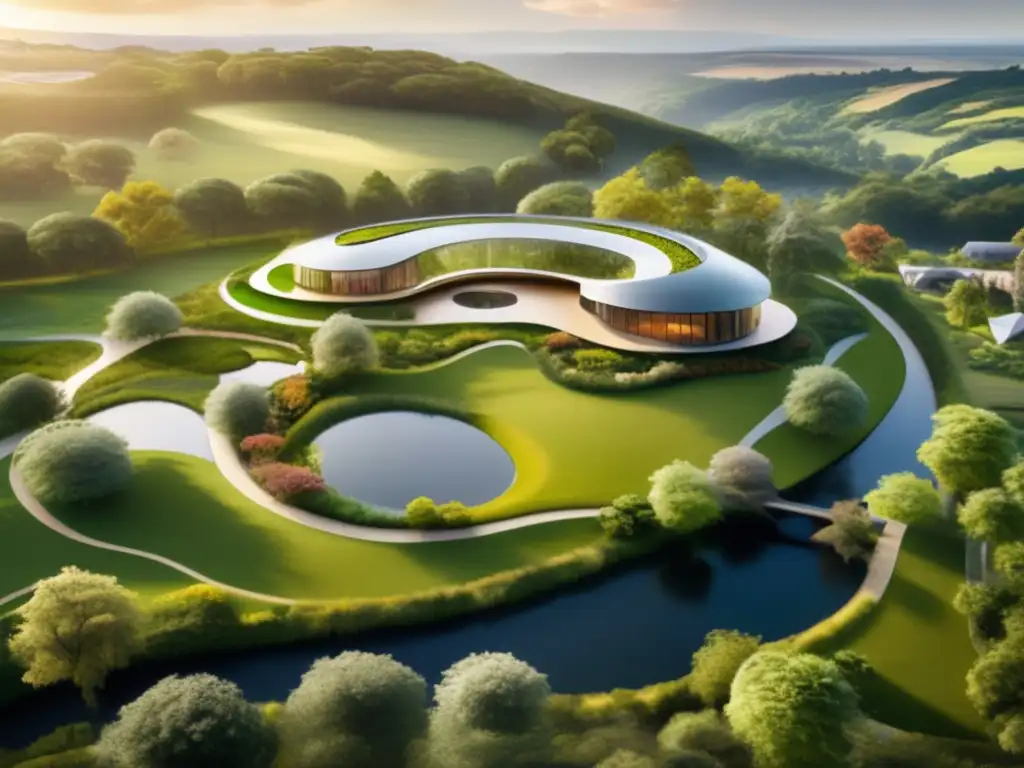 Paisaje verde con río y edificio sostenible Inversiones sostenibles para un mundo mejor: vista aérea de paisaje verde con colinas, río y edificio moderno integrado con la naturaleza