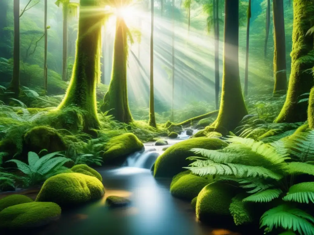 Bosque verde exuberante con río cristalino Inversiones sostenibles: Naturaleza en su máximo esplendor