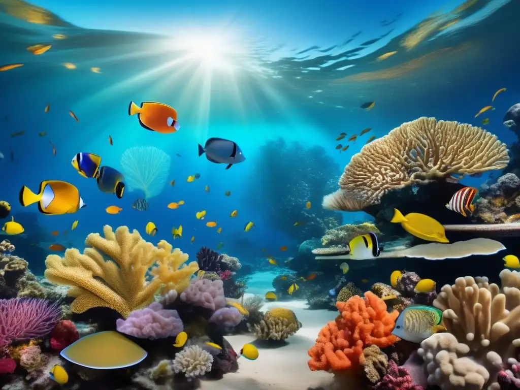 Maravilloso arrecife de coral bajo el agua Inversiones sostenibles en océanos: escena submarina vibrante, coral vivo, peces tropicales y rayos de luz