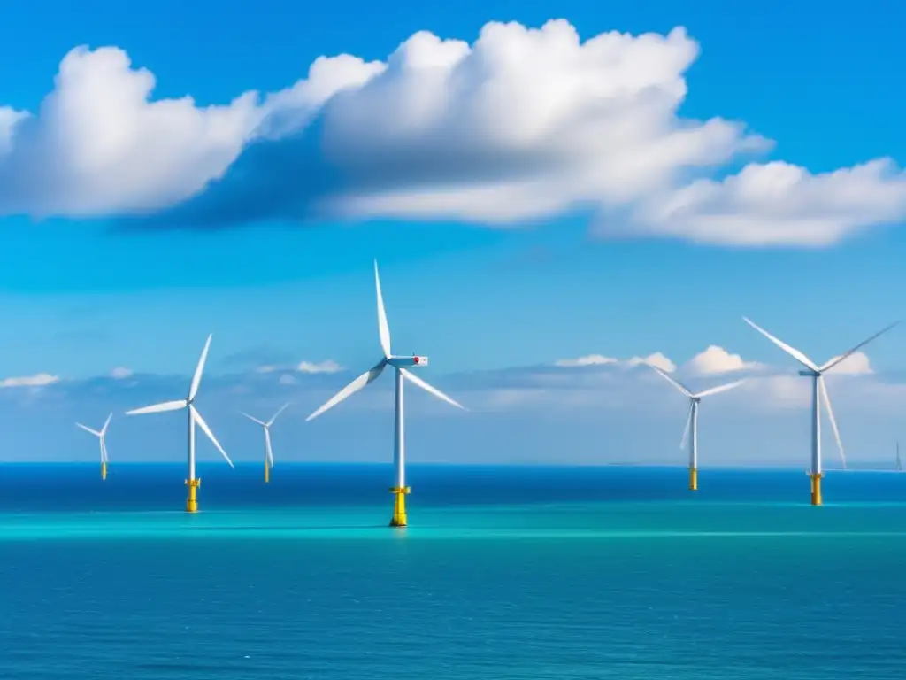 Energía eólica marina: avance tecnológico y conservación Inversiones sostenibles en océanos: imagen impresionante del vasto océano con aguas turquesas y una granja eólica offshore avanzada y esperanzadora
