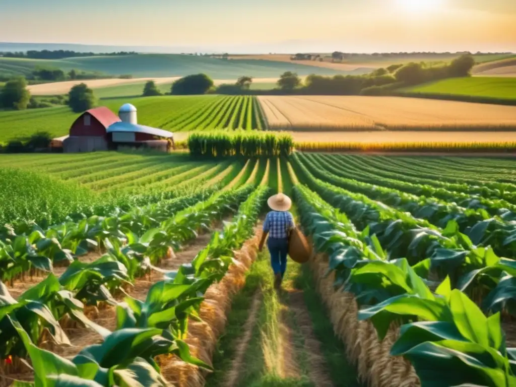 Paisaje de granja sostenible: naturaleza e innovación Inversiones sostenibles en agricultura: paisaje de granja verde con cosechas vibrantes, tecnología y armonía entre naturaleza e innovación