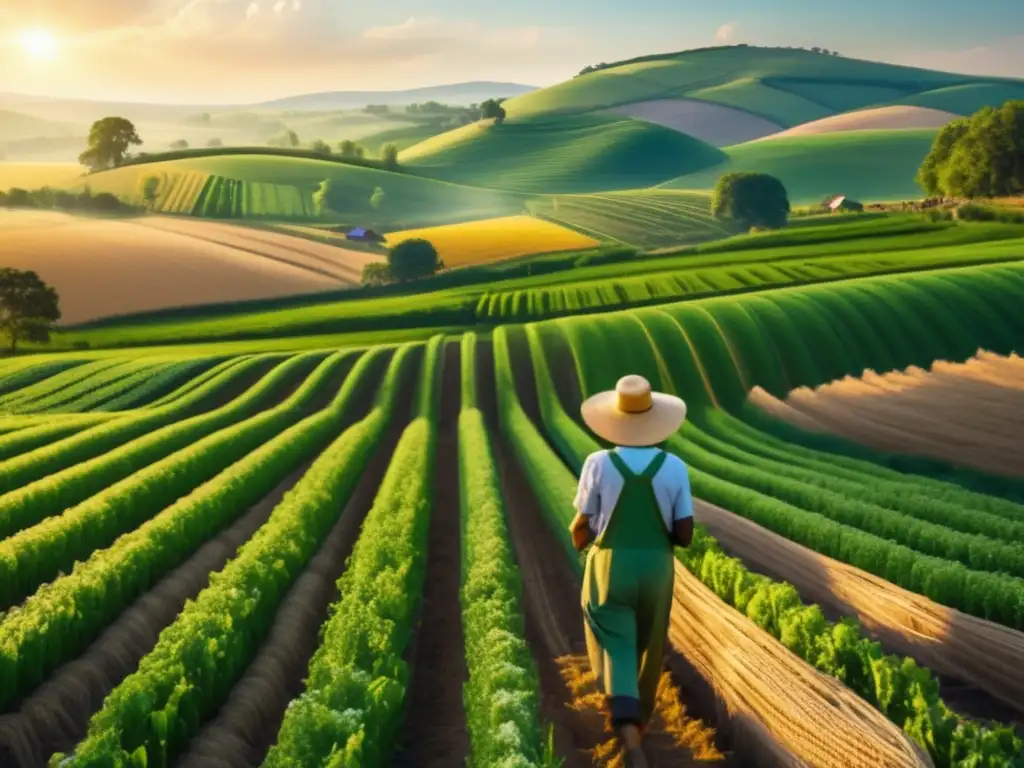 Paisaje agrícola sostenible y tecnológico Inversiones sostenibles en agricultura: paisaje agrícola idílico con prácticas innovadoras y energías renovables