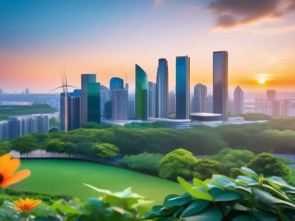 Ciudad sostenible al atardecer Guía inversiones sostenibles principiantes: Ciudad sostenible al atardecer, con parque verde y edificios eco-friendly