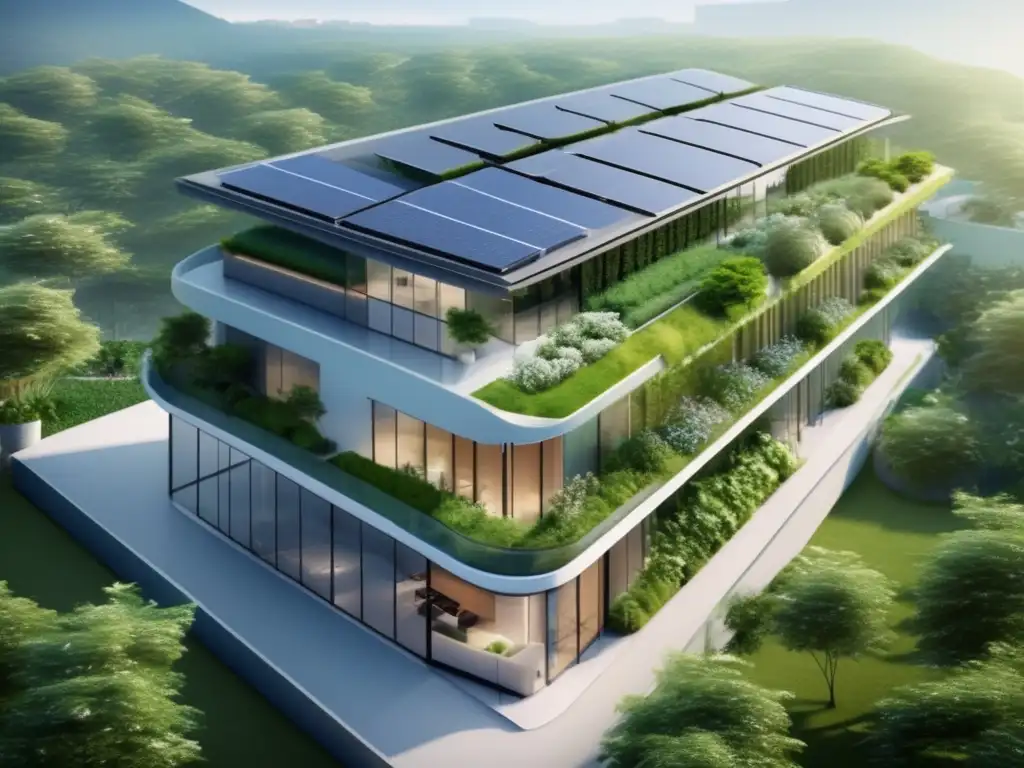 Edificio comercial sustentable rodeado de vegetación (48 caracteres) Inversiones sostenibles en propiedades comerciales: Edificio moderno rodeado de naturaleza, energía renovable y diseño ecoamigable