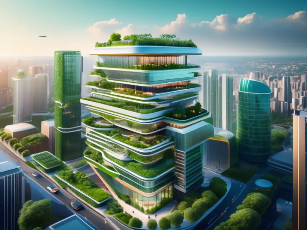 Edificio comercial futurista rodeado de naturaleza y sostenibilidad Inversiones sostenibles en propiedades comerciales: Edificio futurista con arquitectura moderna y ecoamigable rodeado de una ciudad vibrante