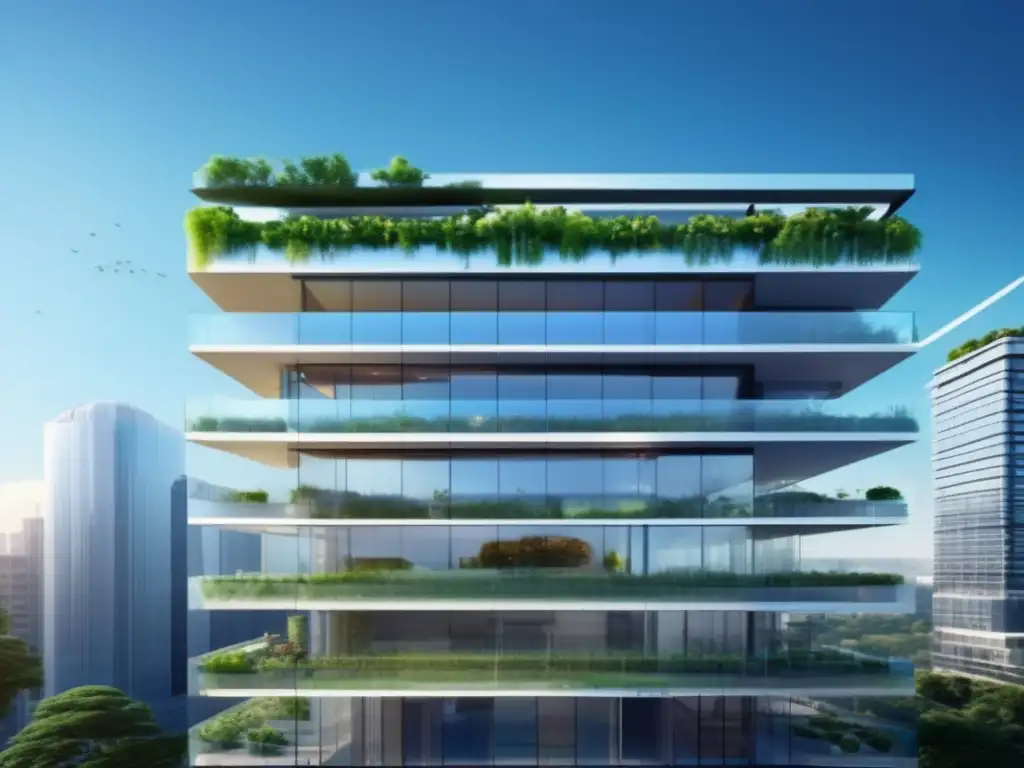 Edificio comercial moderno con diseño sostenible Inversiones sostenibles en propiedades comerciales con arquitectura moderna, naturaleza exuberante y paneles solares
