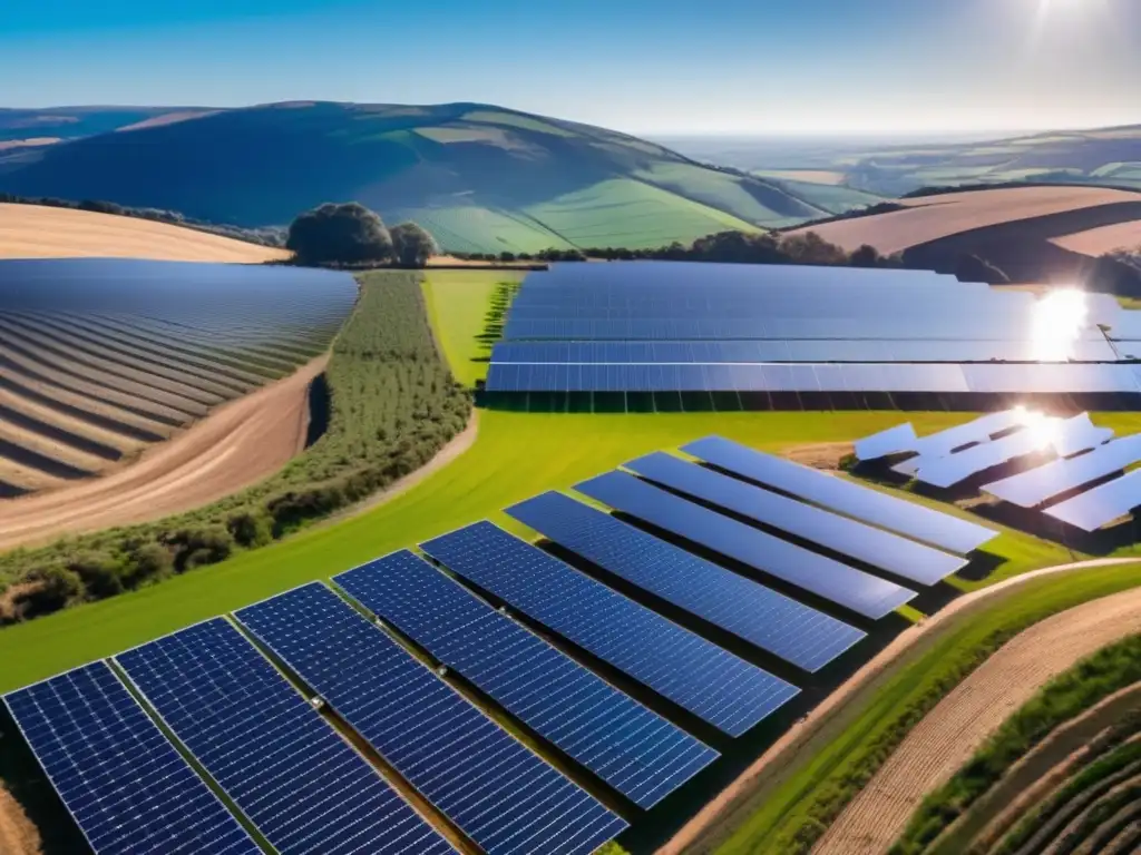 Inversión solar sostenible y moderna Inversiones sostenibles rentables: Granja solar moderna y sostenible con paneles fotovoltaicos y paisaje pintoresco