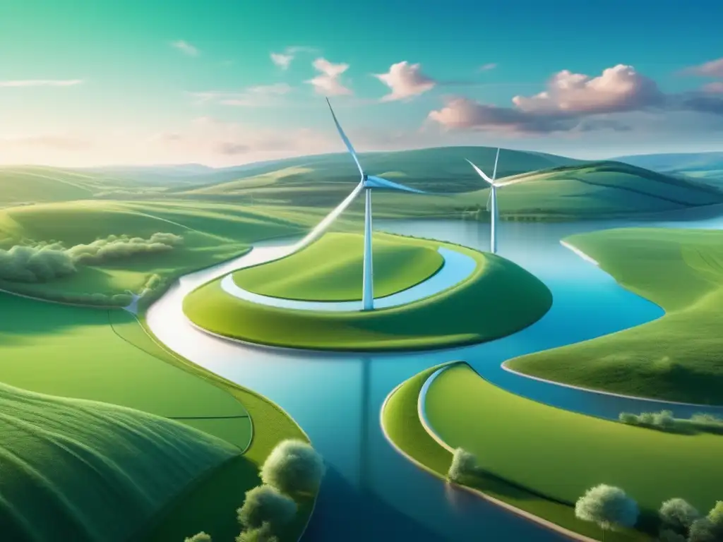 Inversiones sostenibles y rentables Inversiones sostenibles y rentables en una imagen 8K ultra detallada: paisaje verde, río cristalino, energía renovable y transporte limpio