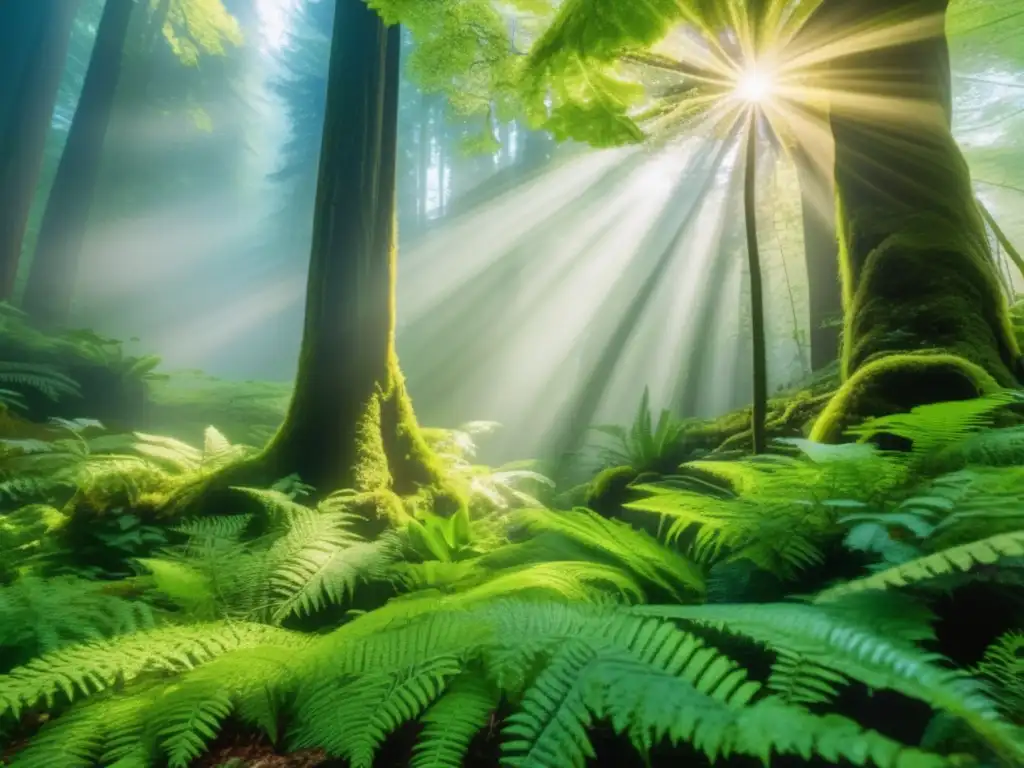 Bosque exuberante: sostenibilidad y crecimiento Inversiones sostenibles rentables a largo plazo en un bosque verde exuberante, iluminado por la cálida luz del sol
