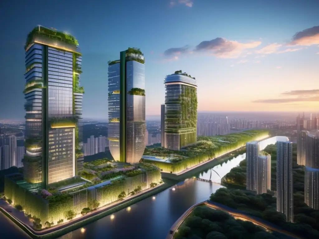 Ciudad moderna ecoamigable Inversiones sostenibles rentables a largo plazo en una moderna ciudad ecoconsciente con rascacielos verdes y paisaje vibrante