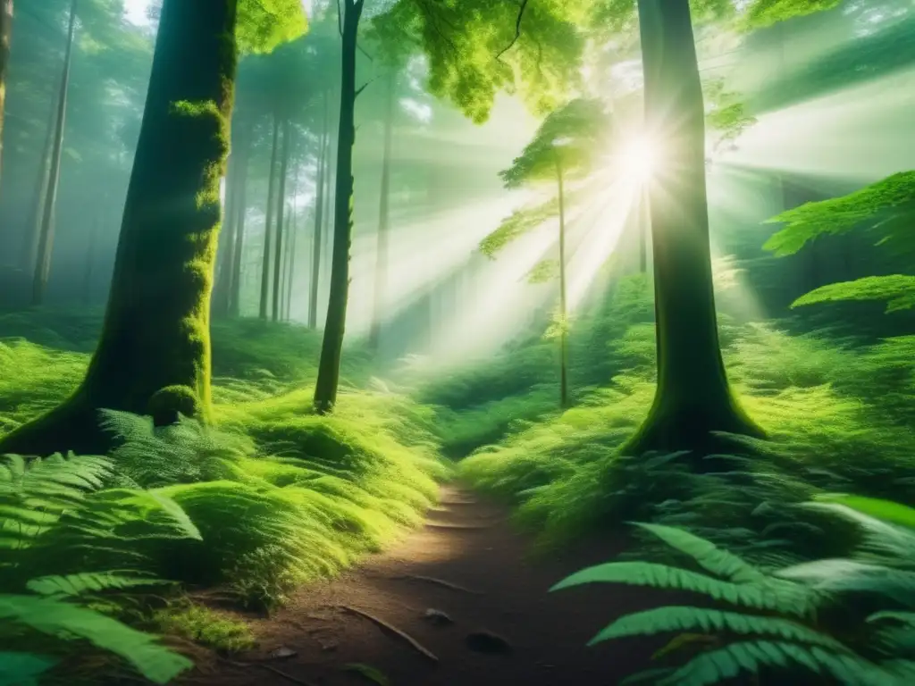Bosque verde majestuoso y vibrante Inversiones sostenibles rentables medio ambiente - Imagen impactante de un bosque verde exuberante, con árboles majestuosos y una luz fascinante
