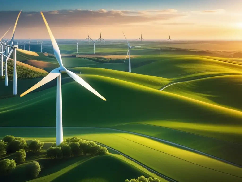 Paisaje verde con molinos y paneles solares Inversiones sostenibles rentables: paisaje verde con molinos de viento y paneles solares