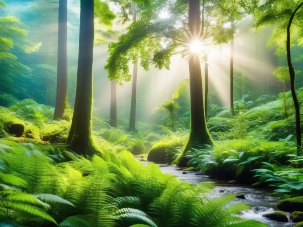 Bosque verde exuberante, símbolo de inversiones sostenibles Inversiones sostenibles rentables: Bosque verde exuberante, luz filtrada y arroyo cristalino