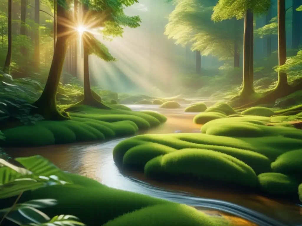 Bosque vibrante y sostenible bajo la luz dorada Inversiones sostenibles y rentables: bosque vibrante y exuberante, sombras cautivadoras, armonía y conexión con la naturaleza