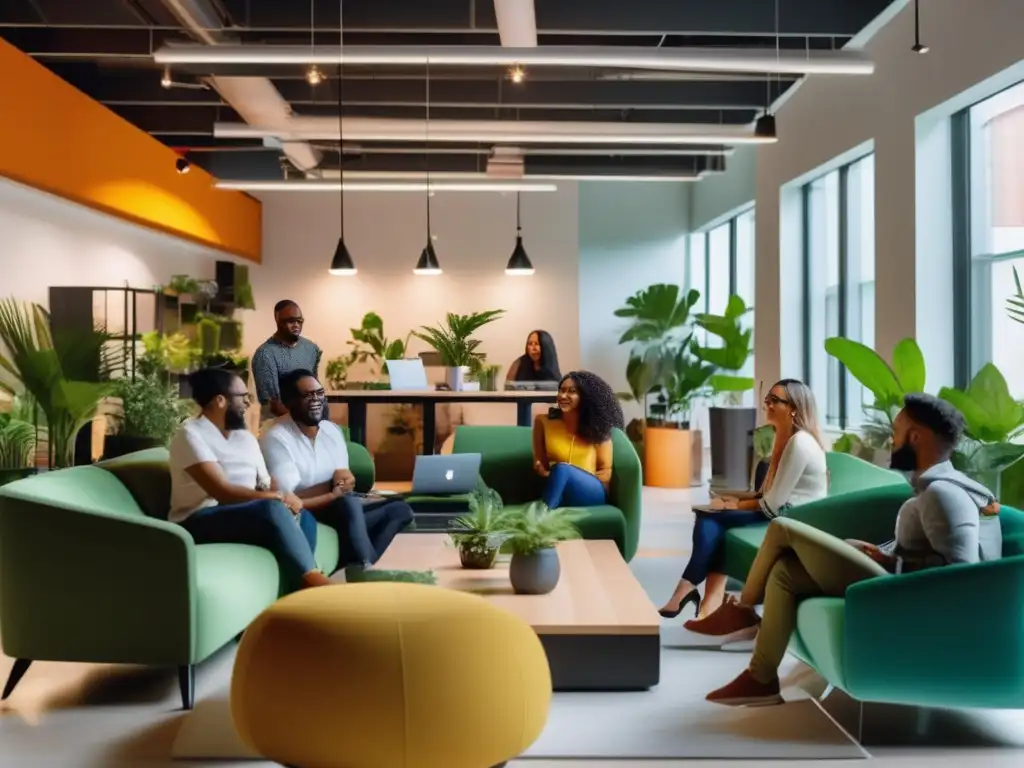 Emprendedores colaborando en espacio coworking Inversiones sostenibles en startups ESG: Emprendedores dinámicos colaborando en un espacio de coworking moderno y sostenible
