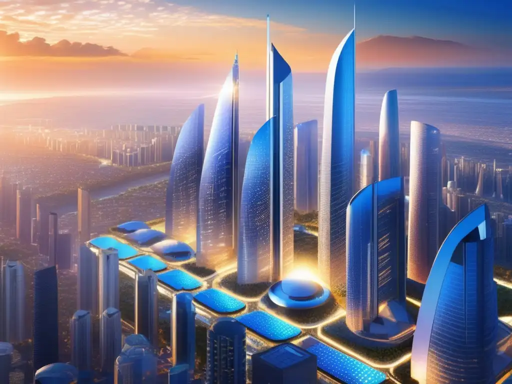 Futuroso ciudad solar sostenible Inversiones sostenibles en startups ESG: Futuro ciudad con rascacielos solares, naturaleza integrada