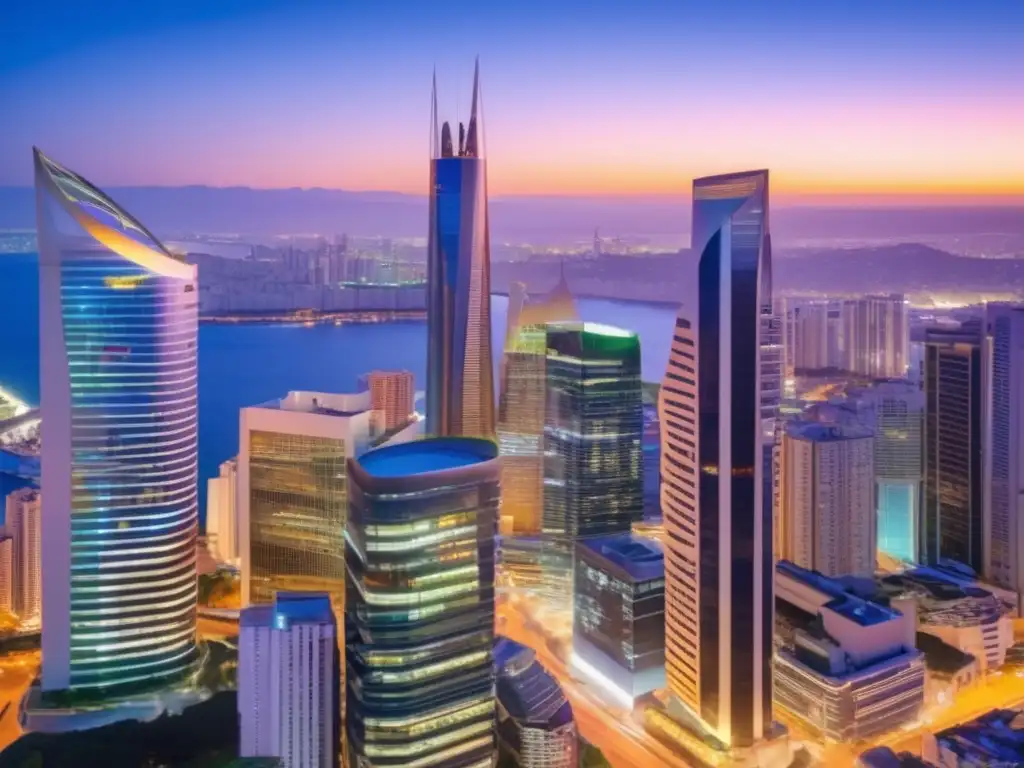 Ciudad vibrante y sostenible al atardecer Inversiones sostenibles en startups ESG: Ciudad vibrante con rascacielos iluminados y personas activas