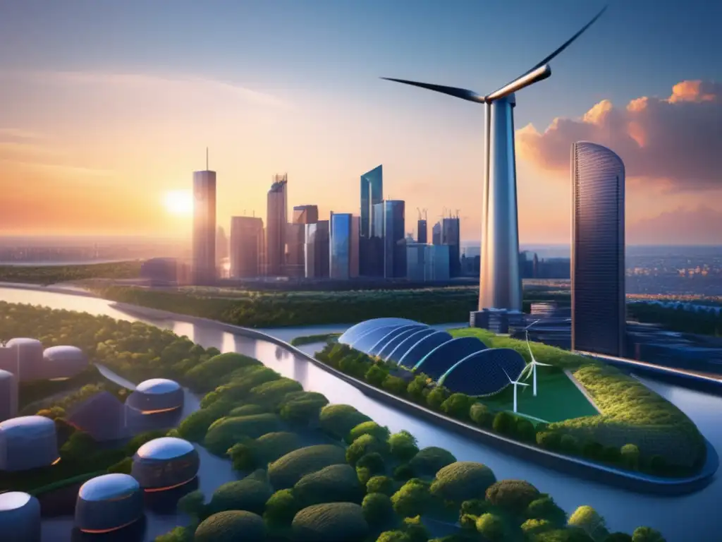 Ciudad sostenible con energía renovable Inversiones sostenibles en startups ESG: Ciudad moderna y sostenible con rascacielos verdes, tren eléctrico y mercado ecológico