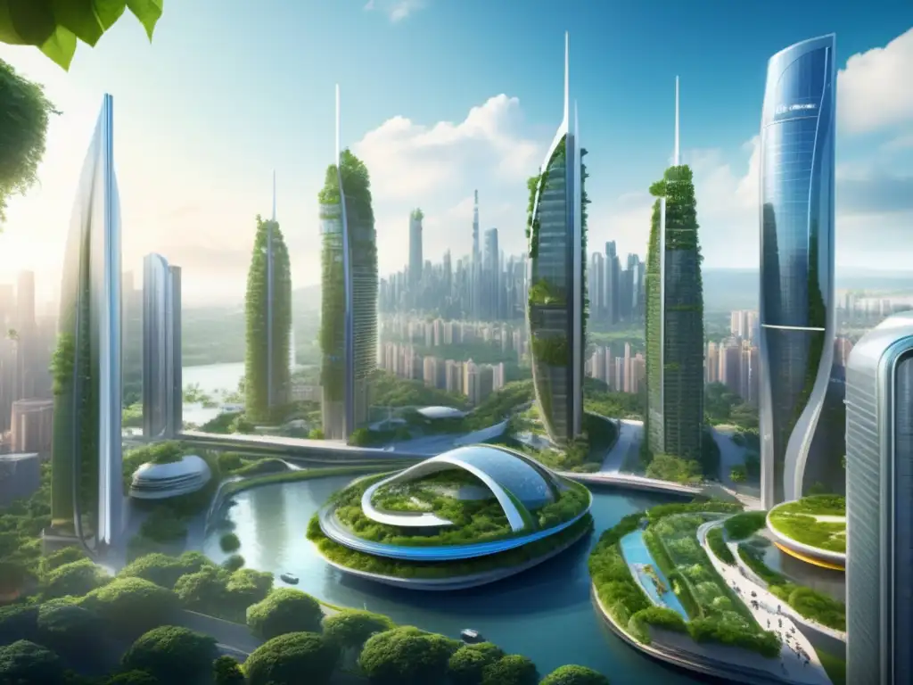 Ciudad futurista sostenible con rascacielos verdes Inversiones sostenibles en startups ESG: Futurista ciudad ecológica con rascacielos, energía renovable, vehículos eléctricos y naturaleza exuberante