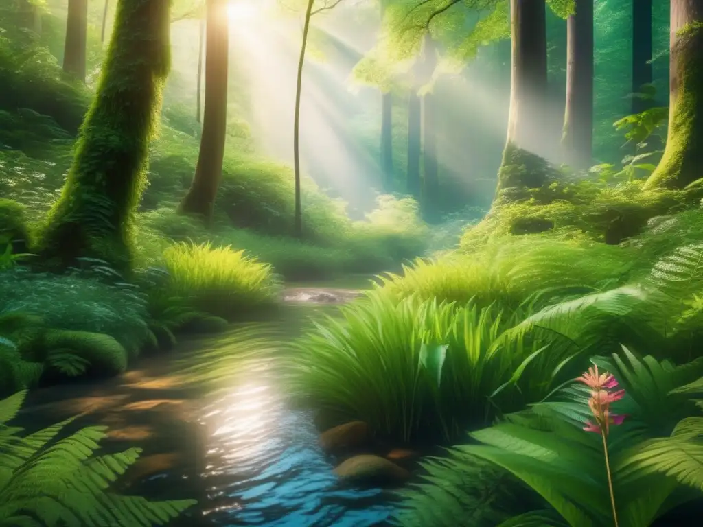 Bosque verde exuberante con árboles altos y arroyo Inversiones sostenibles revolución verde en bosque exuberante con árboles altos, luz filtrada y armonía