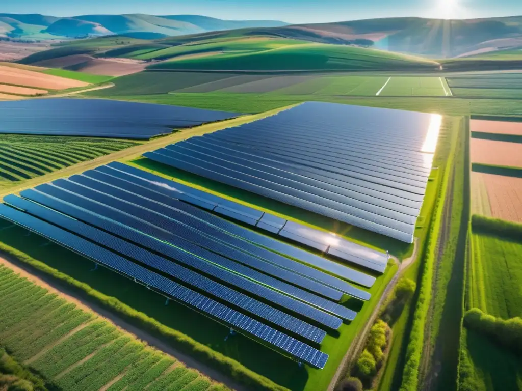 Paisaje verde - energía solar y tren eléctrico Inversiones sostenibles revolución verde: paisaje verde con granja solar, tren eléctrico futurista y edificios verdes