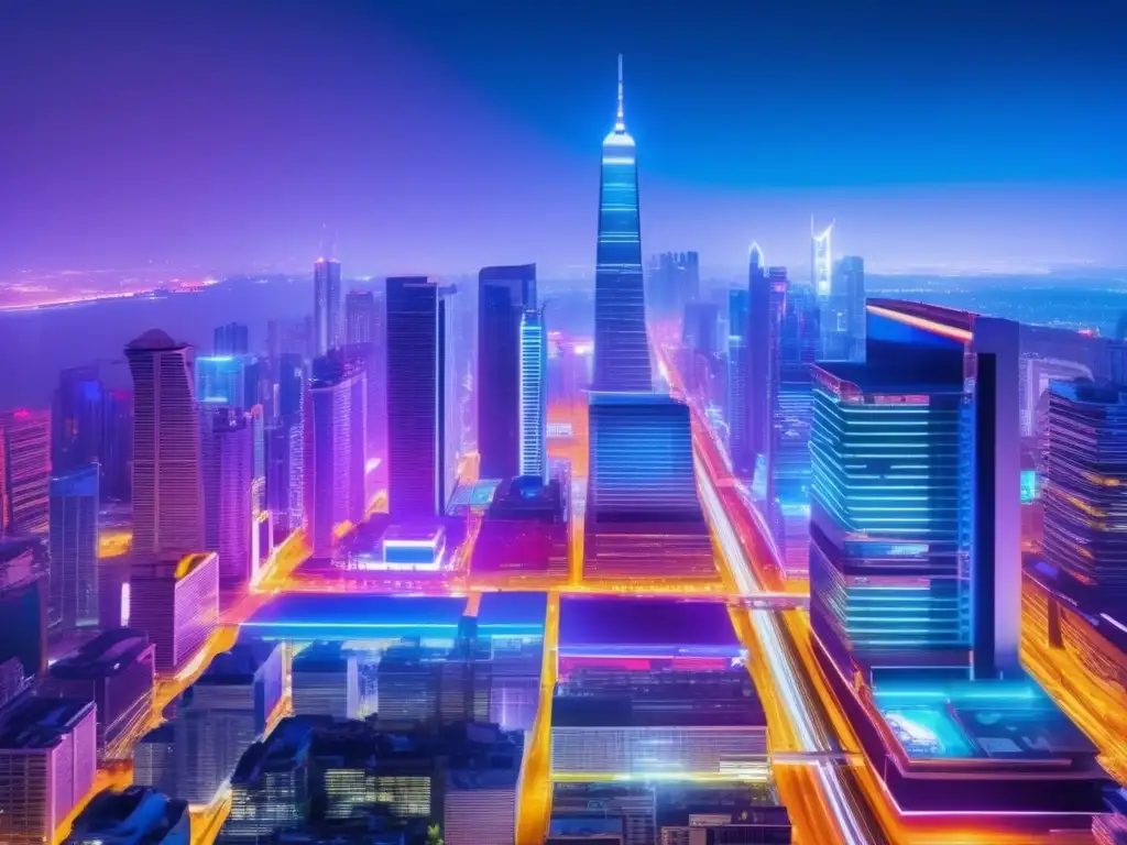 Ciudad nocturna llena de energía y tecnología Inversiones tecnológicas en franquicias: Ciudad moderna y vibrante con rascacielos iluminados por luces de neón