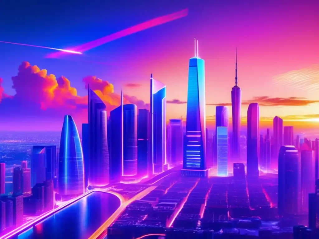 Futurista ciudad con rascacielos tecnológicos Inversiones tecnológicas en franquicias: Futurista ciudad con rascacielos modernos, hologramas y autos autónomos