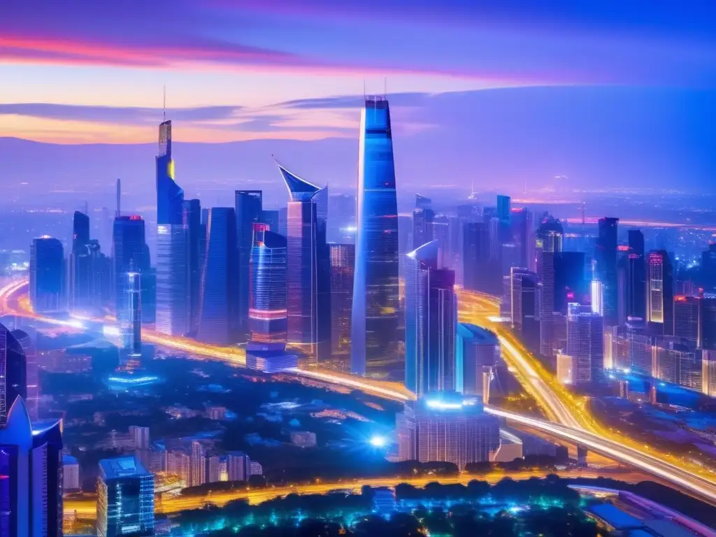 Ciudad futurista iluminada al atardecer Inversiones tecnológicas en franquicias: Ciudad vibrante con rascacielos iluminados y diseño futurista