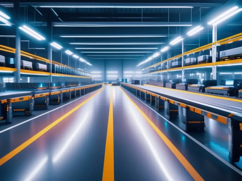 Almacenamiento automatizado con robots y tecnología Inversiones tecnológicas en franquicias: Almacén futurista con robots y automatización de procesos, optimizando la gestión y logística