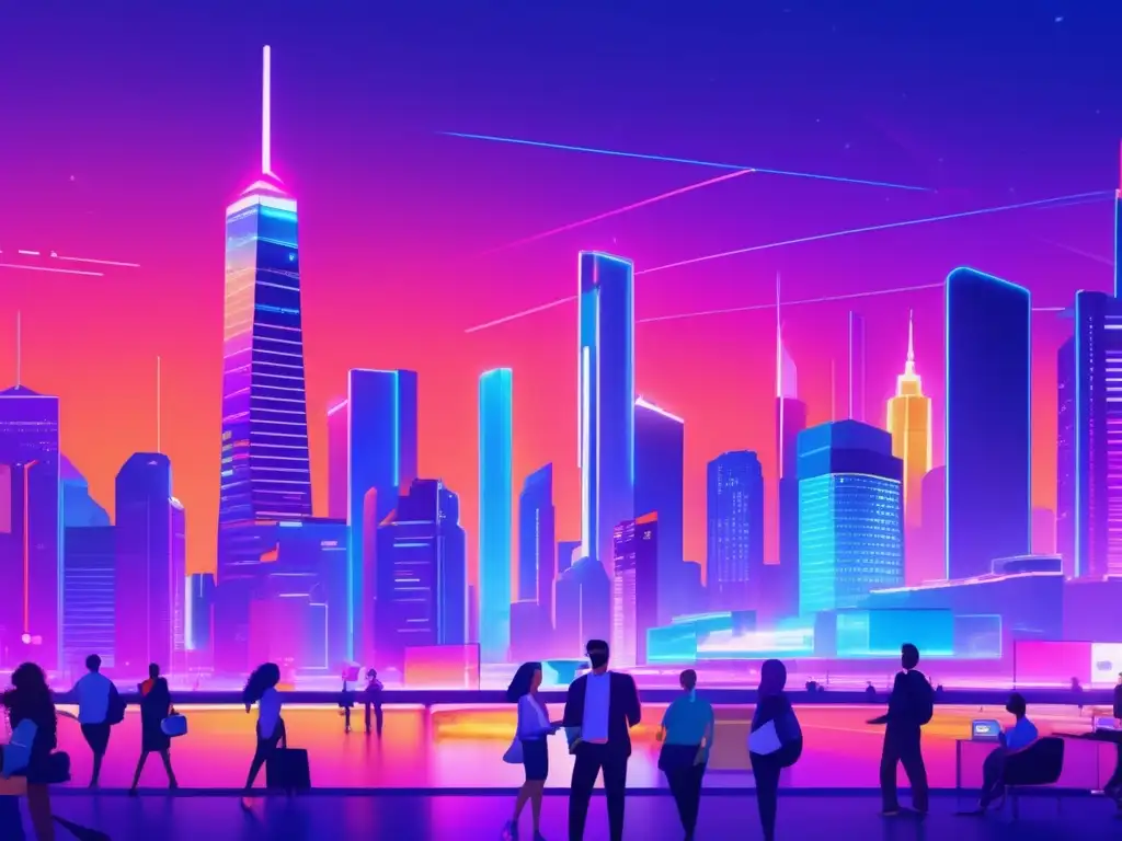 Ciudad futurista con millennials y tecnología Inversiones millennials: tendencias financieras actuales en la ciudad futurista de noche con rascacielos y tecnología avanzada