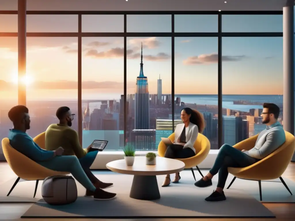 Millennials en sala moderna con tecnología avanzada Inversiones millennials: Tendencias financieras actuales en sala moderna con vista panorámica