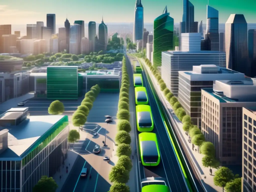 Ciudad sostenible: transporte y arquitectura Inversiones en transporte verde en una ciudad moderna y sostenible con infraestructura y movilidad ecoamigable