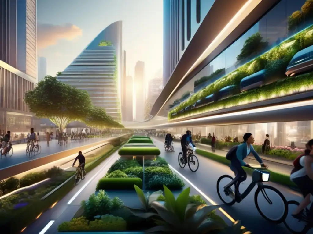 Ciudad futurista con transporte sostenible Inversiones en transporte verde: Futurista ciudad con sistemas de transporte sostenibles y tecnología de vanguardia