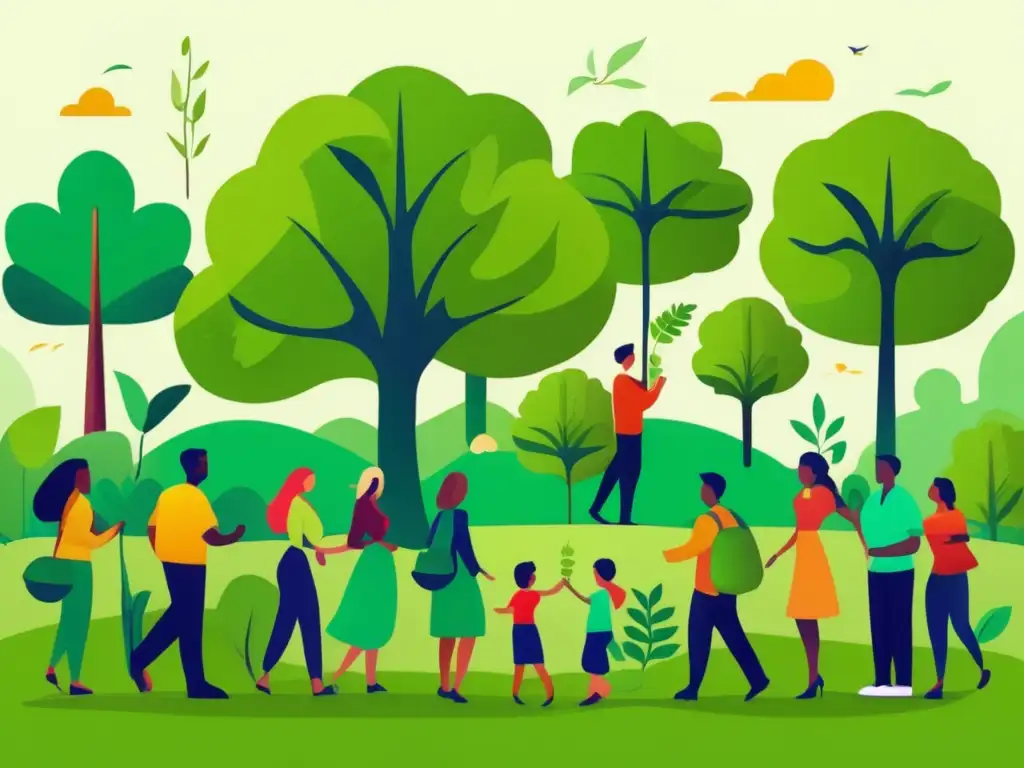 Contribución verde y colaborativa Inversiones verdes a través del crowdfunding: paisaje vibrante con personas sosteniendo plantas, simbolizando la sostenibilidad ambiental