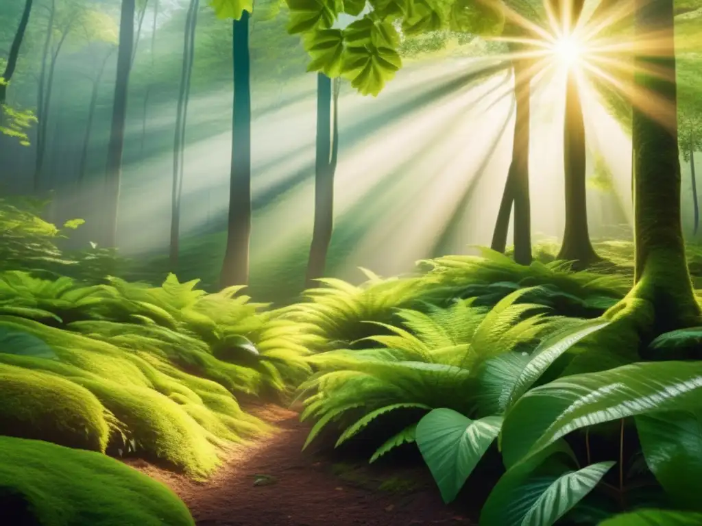 Bosque verde con rayos de sol, naturaleza serena Inversiones verdes a través del crowdfunding: Bosque exuberante con rayos de sol, colores vibrantes y serenidad de la naturaleza