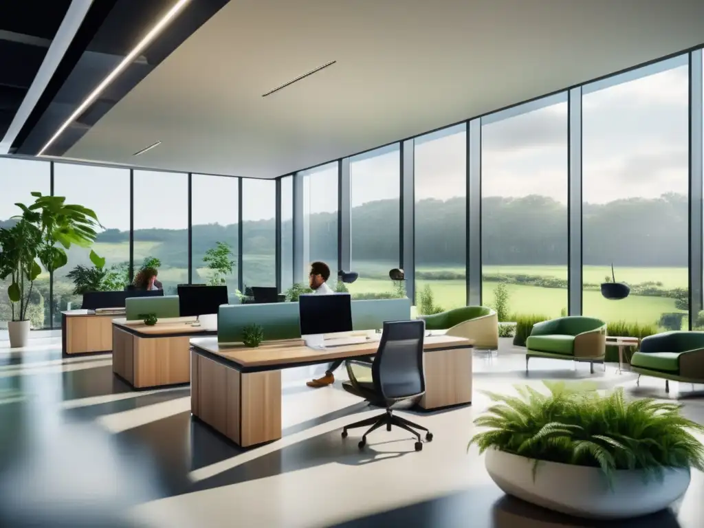 Oficina moderna con vista verde Inversiones verdes a través del crowdfunding en una oficina moderna con vista a paisaje verde y profesionales trabajando
