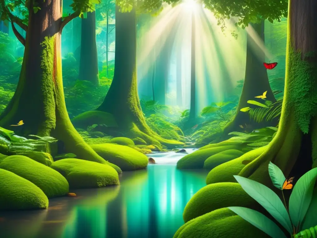 Un exuberante bosque verde con árboles altos y luz solar filtrándose Inversiones verdes a través del crowdfunding: Bosque exuberante con árboles altos, luz filtrada, pájaros coloridos y un arroyo cristalino