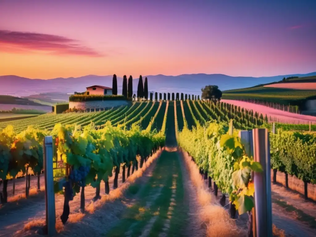 Viñedo italiano al atardecer Inversiones en vino y gastronomía: Hermosa imagen 8K de una pintoresca viña italiana al atardecer, con vibrantes colores de cielo y viñedos saludables