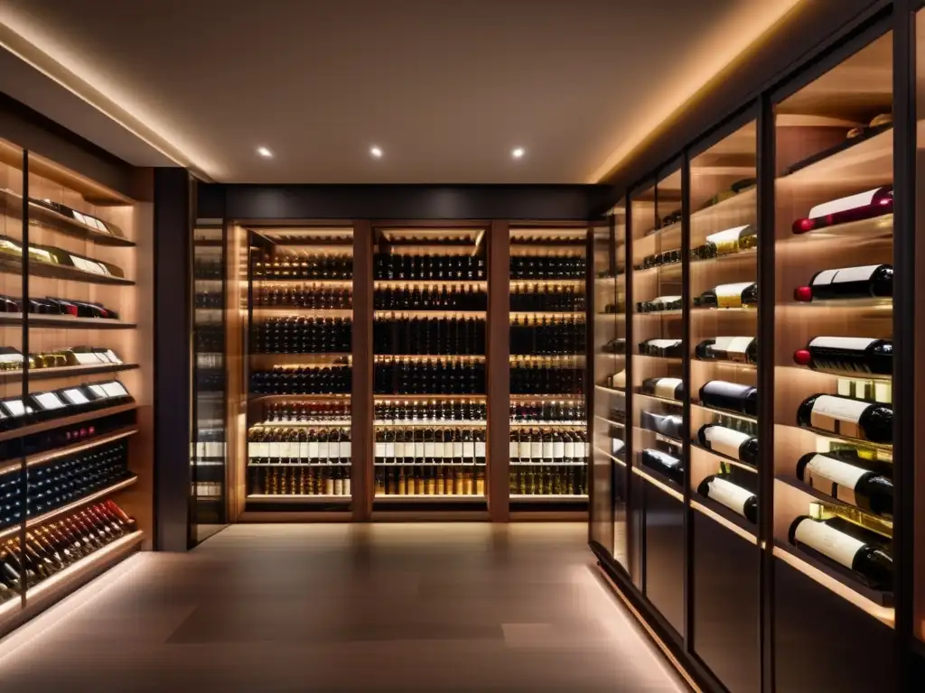 Lujosa bodega de vinos con detalle Inversiones en vino y gastronomía: Bodega de lujo con vinos finos, iluminación ambiental y elegante área de degustación